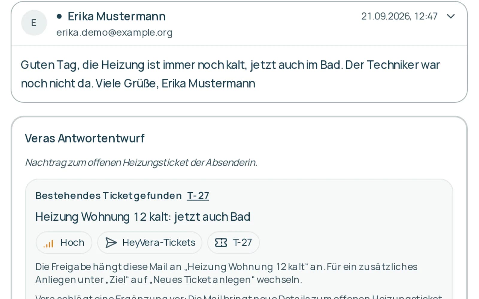 E-Mail eines Mieters mit Veras Antwortentwurf, der das passende offene Ticket erkennt